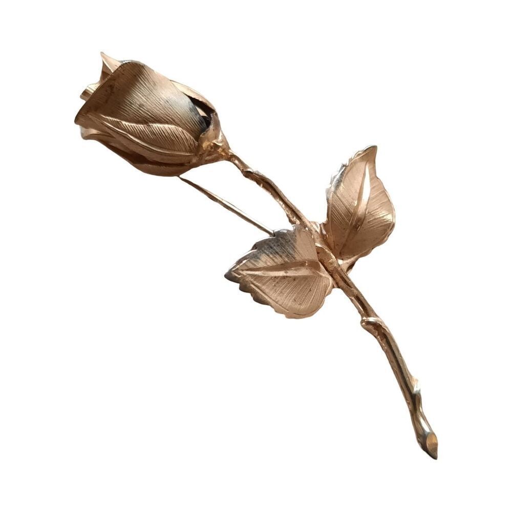 Gold Rose Stem Brooch - Elegant Women's Floral Pin